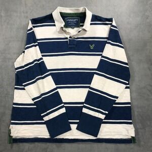 American Eagle Polo Shirt Men's Extra Large Bl;ue White Striped Preppy Y2K Rugby